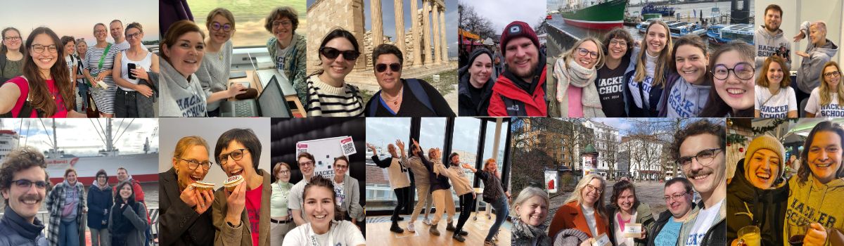 Collage zwölf verschiedener Bilder, die Menschen in verschiedenen Situationen aus Arbeitsalltag und gemeinsamer Freizeit zeigt.
